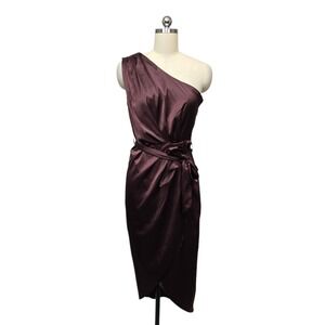 NWT Baltic Born Celia One Shoulder‎ Midi Dress Brown Satin Belted Size Large